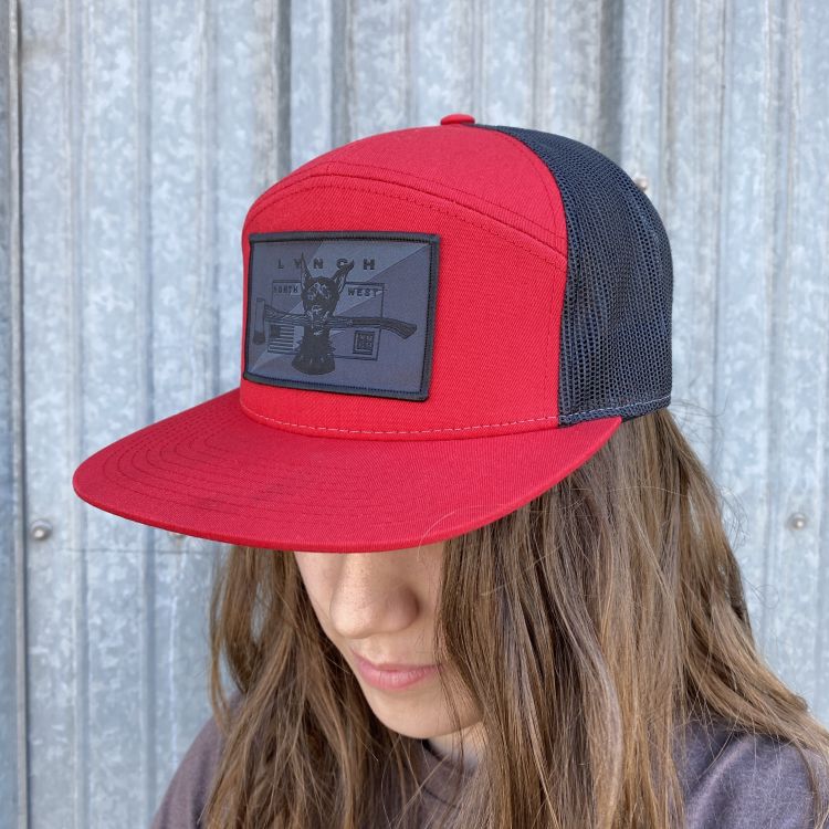 Richardson 7 Panel Red/Black Snapback Trucker Hat - Blackout Dog Patch (168)